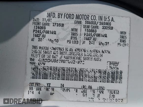 ✅ 2002 Mercury Mountaineer • VIN: 4M2DU86W02UJ21875 • Лот: 41972193. Опубликован ранее на IAAI с пробегом 154 699 миль. Бесплатный доступ к архиву аукционных продаж из США и подробный отчёт об истории автомобиля на DreamBid. Изображение 9.