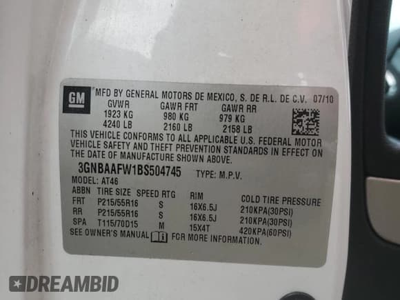 ✅ 2011 Chevrolet HHR LS • VIN: 3GNBAAFW1BS504745 • Lot: 83312244. Listed on Copart with 138,461 mi. Free auction sales archive from the USA and detailed vehicle history report at DreamBid. Image 13.