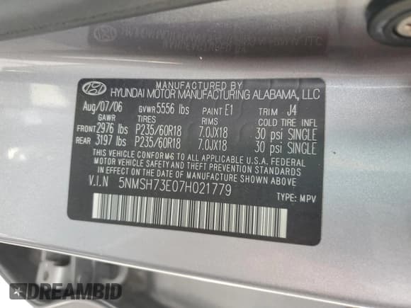 ✅ 2007 Hyundai Santa Fe SE • VIN: 5NMSH73E07H021779 • Lot: 81093694. Listed on Copart with 205,443 mi. Free auction sales archive from the USA and detailed vehicle history report at DreamBid. Image 13.