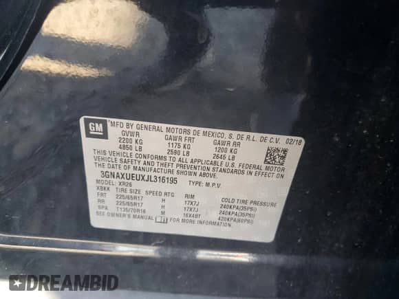 2018 Chevrolet Equinox LT с VIN 3GNAXUEUXJL316195, выставлен на аукционе Copart как лот 72036985 с пробегом 102 033 миль миль и На запчасти • Non repairable. История ставок и продаж доступна на DreamBid. Изображение 13.