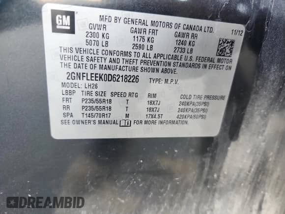 2013 Chevrolet Equinox LT with VIN 2GNFLEEK0D6218226, listed as a Copart auction lot 84728585 with 138,869 mi miles and Salvage title. Bid and sale history available at DreamBid. Image 12.