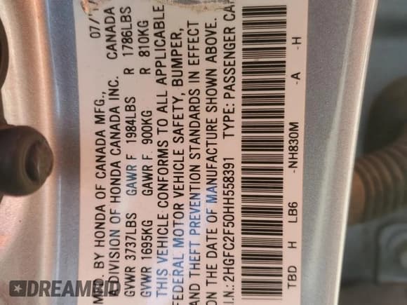 ✅ 2017 Honda Civic LX • VIN: 2HGFC2F50HH558391 • Lot: 92206965. Listed on Copart with 127,826 mi. Free auction sales archive from the USA and detailed vehicle history report at DreamBid. Image 12.