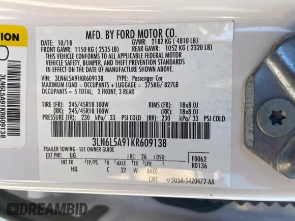 ✅ 2019 Lincoln MKZ Standard • VIN: 3LN6L5A91KR609138 • Lot: 47172775. Wystawiony na Copart z przebiegiem 81 854 mil. Bezpłatny archiwum sprzedaży aukcyjnych z USA i szczegółowy raport historii pojazdu na DreamBid. Zdjęcie 10.