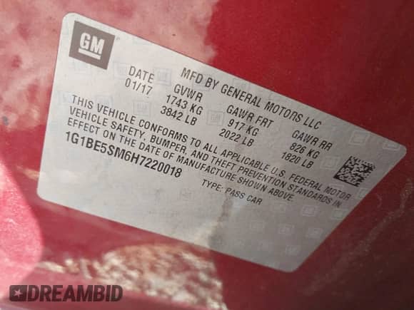 2017 Chevrolet Cruze LT z VIN 1G1BE5SM6H7220018, wystawiony jako IAAI lot #43299331 z przebiegiem 127 154 mil mil oraz . Historia ofert i sprzedaży dostępna na DreamBid. Obrazek 9.