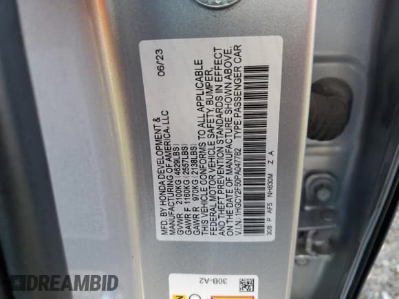 ✅ 2023 Honda Accord Sport • VIN: 1HGCY2F50PA047782 • Лот: 93027965. Опубликован ранее на Copart с пробегом Не указан. Бесплатный доступ к архиву аукционных продаж из США и подробный отчёт об истории автомобиля на DreamBid. Изображение 13.