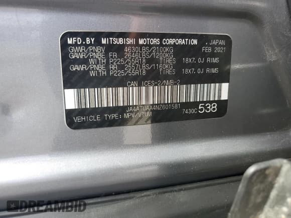 ✅ 2022 Mitsubishi Eclipse Cross ES • VIN: JA4ATUAA4NZ601581 • Lot: 84365855. Listed on Copart with 150,992 mi. Free auction sales archive from the USA and detailed vehicle history report at DreamBid. Image 13.