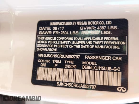 ✅ 2018 Infiniti QX30 Premium • VIN: SJKCH5CR0JA052797 • Lot: 43407304. Listed on IAAI with 99,253 mi. Free auction sales archive from the USA and detailed vehicle history report at DreamBid. Image 9.