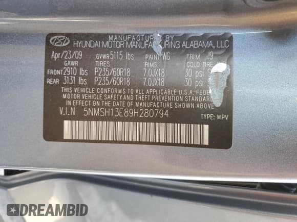 ✅ 2009 Hyundai Santa Fe Limited • VIN: 5NMSH13E89H280794 • Lot: 77982604. Listed on Copart with Not provided. Free auction sales archive from the USA and detailed vehicle history report at DreamBid. Image 13.