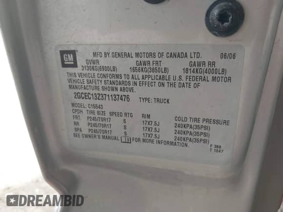 2007 Chevrolet Silverado 1500 LT1 z VIN 2GCEC13Z371137476, wystawiony jako IAAI lot #42397359 z przebiegiem 153 159 mil mil oraz . Historia ofert i sprzedaży dostępna na DreamBid. Obrazek 9.