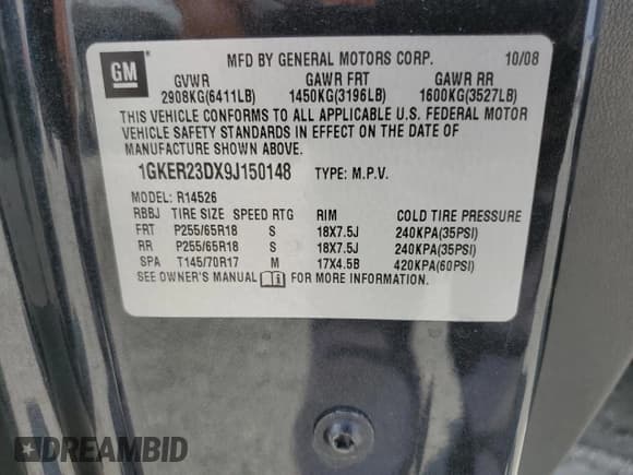 ✅ 2009 GMC Acadia SLT1 • VIN: 1GKER23DX9J150148 • Lot: 70150805. Wystawiony na Copart z przebiegiem 205 704 mil. Bezpłatny archiwum sprzedaży aukcyjnych z USA i szczegółowy raport historii pojazdu na DreamBid. Zdjęcie 13.