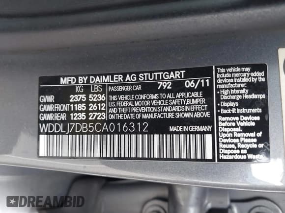 ✅ 2012 Mercedes-Benz CLS 550 • VIN: WDDLJ7DB5CA016312 • Lot: 43868014. Listed on IAAI with 146,611 mi. Free auction sales archive from the USA and detailed vehicle history report at DreamBid. Image 9.