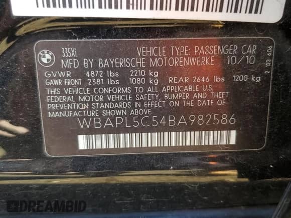 2011 BMW 3 Series 335i xDrive с VIN WBAPL5C54BA982586, выставлен на аукционе Copart как лот 85827335 с пробегом 58 864 миль миль и Списание • Salvage title. История ставок и продаж доступна на DreamBid. Изображение 12.