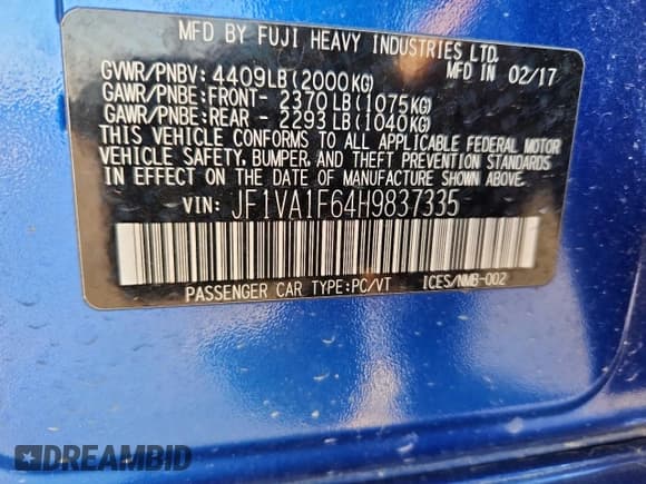 ✅ 2017 Subaru WRX Premium • VIN: JF1VA1F64H9837335 • Lot: 91759905. Listed on Copart with 49,524 mi. Free auction sales archive from the USA and detailed vehicle history report at DreamBid. Image 13.
