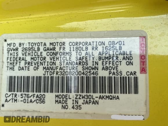 ✅ 2002 Toyota MR2 • VIN: JTDFR320820042546 • Lot: 68170635. Listed on Copart with 174,992 mi. Free auction sales archive from the USA and detailed vehicle history report at DreamBid. Image 10.