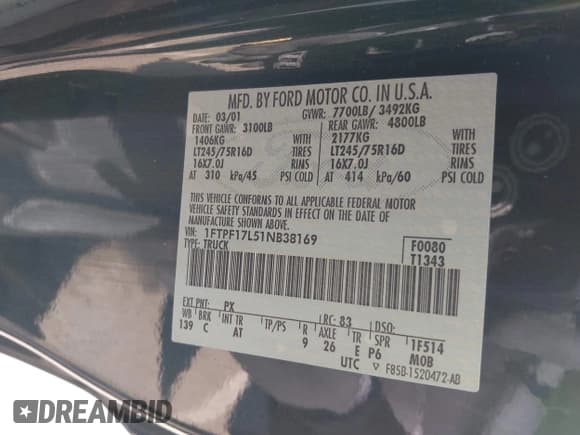 ✅ 2001 Ford F-150 XL • VIN: 1FTPF17L51NB38169 • Lot: 41999741. Listed on IAAI with 118,360 mi. Free auction sales archive from the USA and detailed vehicle history report at DreamBid. Image 9.