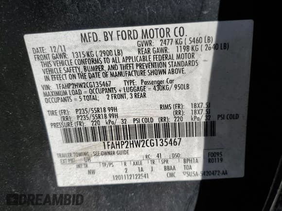 ✅ 2012 Ford Taurus SEL • VIN: 1FAHP2HW2CG135467 • Lot: 81984915. Wystawiony na Copart z przebiegiem 286 229 mil. Bezpłatny archiwum sprzedaży aukcyjnych z USA i szczegółowy raport historii pojazdu na DreamBid. Zdjęcie 12.