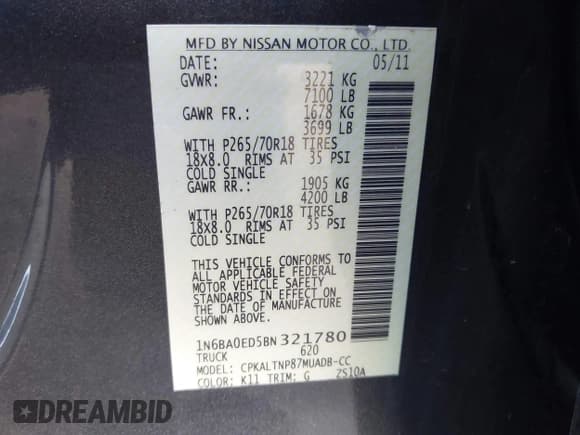 ✅ 2011 Nissan Titan SL • VIN: 1N6BA0ED5BN321780 • Lot: 43693881. Wystawiony na IAAI z przebiegiem 257 273 mil. Bezpłatny archiwum sprzedaży aukcyjnych z USA i szczegółowy raport historii pojazdu na DreamBid. Zdjęcie 8.