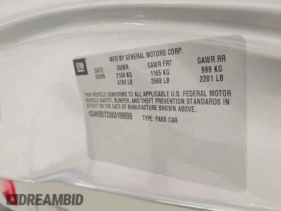 ✅ 2008 Buick Lucerne CXL • VIN: 1G4HD57238U188699 • Lot: 43746059. Listed on IAAI with 121,857 mi. Free auction sales archive from the USA and detailed vehicle history report at DreamBid. Image 9.