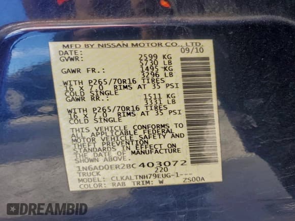 ✅ 2011 Nissan Frontier SV • VIN: 1N6AD0ER2BC403072 • Lot: 94670015. Listed on Copart with 206,443 mi. Free auction sales archive from the USA and detailed vehicle history report at DreamBid. Image 12.