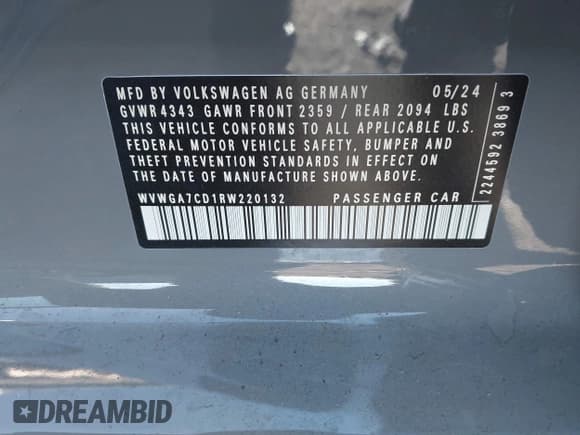 ✅ 2024 Volkswagen Golf GTI S • VIN: WVWGA7CD1RW220132 • Lot: 41069801. Listed on IAAI with 6,119 mi. Free auction sales archive from the USA and detailed vehicle history report at DreamBid. Image 9.