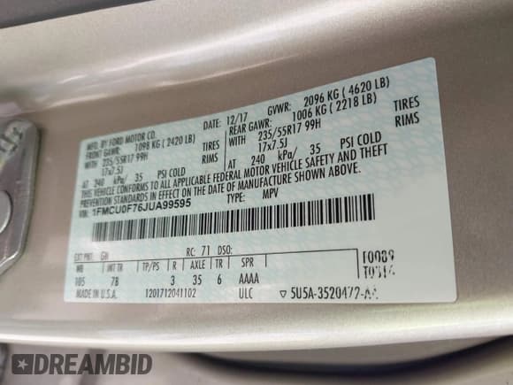 ✅ 2018 Ford Escape S • VIN: 1FMCU0F76JUA99595 • Lot: 42369434. Listed on IAAI with 19,207 mi. Free auction sales archive from the USA and detailed vehicle history report at DreamBid. Image 9.