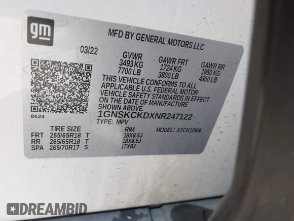 ✅ 2022 Chevrolet Suburban LT • VIN: 1GNSKCKDXNR247122 • Lot: 41837555. Listed on IAAI with 77,954 mi. Free auction sales archive from the USA and detailed vehicle history report at DreamBid. Image 9.