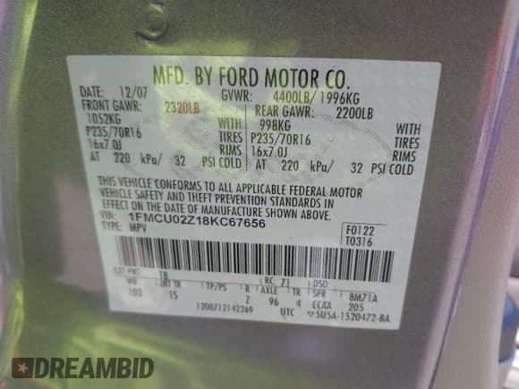 ✅ 2008 Ford Escape XLS • VIN: 1FMCU02Z18KC67656 • Lot: 42818001. Listed on IAAI with 189,172 mi. Free auction sales archive from the USA and detailed vehicle history report at DreamBid. Image 9.