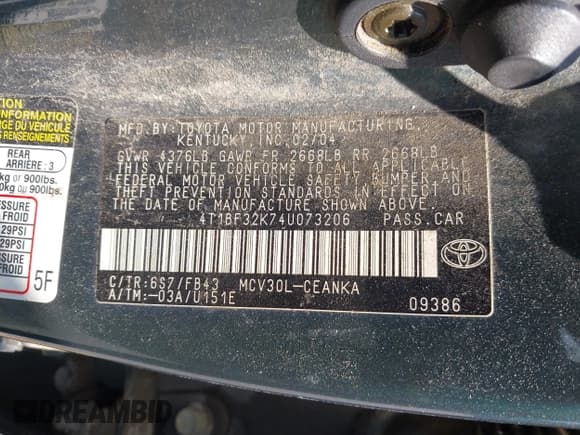 ✅ 2004 Toyota Camry LE • VIN: 4T1BF32K74U073206 • Lot: 42408405. Wystawiony na IAAI z przebiegiem 259 762 mil. Bezpłatny archiwum sprzedaży aukcyjnych z USA i szczegółowy raport historii pojazdu na DreamBid. Zdjęcie 9.
