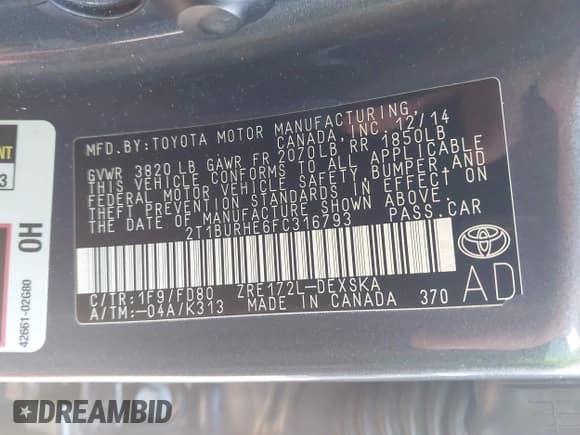 ✅ 2015 Toyota Corolla S Plus • VIN: 2T1BURHE6FC316793 • Lot: 43358113. Listed on IAAI with 105,415 mi. Free auction sales archive from the USA and detailed vehicle history report at DreamBid. Image 9.