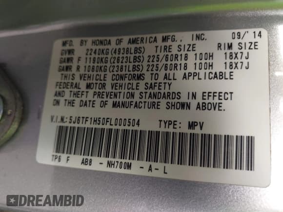 ✅ 2015 Honda Crosstour EX-L • VIN: 5J6TF1H50FL000504 • Lot: 42745219. Listed on IAAI with 161,137 mi. Free auction sales archive from the USA and detailed vehicle history report at DreamBid. Image 9.