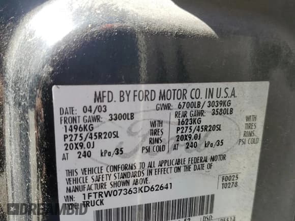 ✅ 2003 Ford F-150 Harley-Davidson • VIN: 1FTRW07363KD62641 • Lot: 47803305. Listed on Copart with 251,123 mi. Free auction sales archive from the USA and detailed vehicle history report at DreamBid. Image 12.