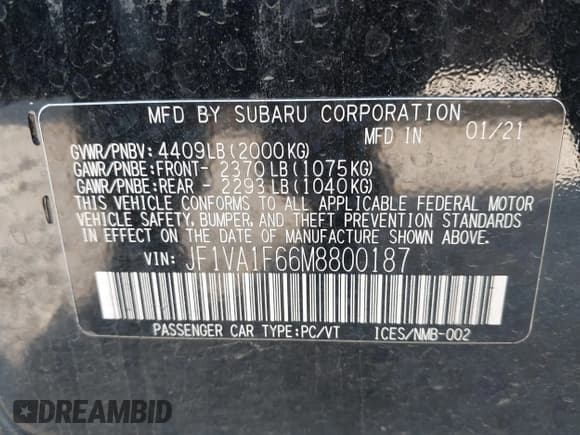 ✅ 2021 Subaru WRX Premium • VIN: JF1VA1F66M8800187 • Lot: 43514896. Listed on IAAI with 138,595 mi. Free auction sales archive from the USA and detailed vehicle history report at DreamBid. Image 9.