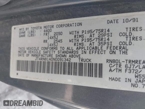 ✅ 1992 Toyota Pickup • VIN: JT4RN81A0N0091342 • Lot: 42886313. Wystawiony na IAAI z przebiegiem 118 836 mil. Bezpłatny archiwum sprzedaży aukcyjnych z USA i szczegółowy raport historii pojazdu na DreamBid. Zdjęcie 9.