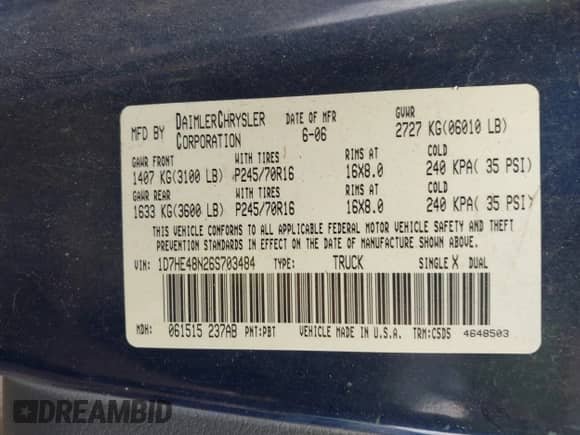 2006 Dodge Dakota SLT with VIN 1D7HE48N26S703484, listed as a IAAI auction lot 42974866 with 253,328 mi miles and . Bid and sale history available at DreamBid. Image 9.