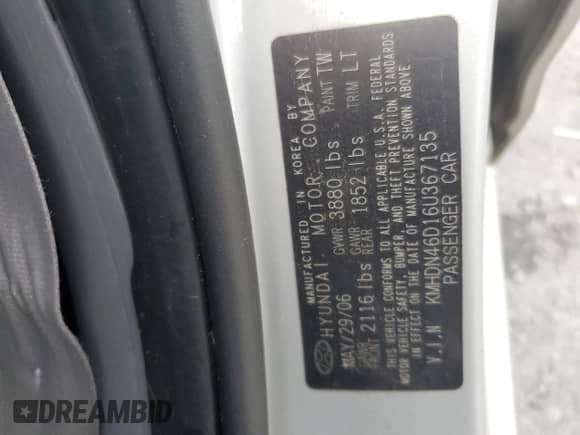 2006 Hyundai Elantra GLS z VIN KMHDN46D16U367135, wystawiony jako Copart lot #73467494 z przebiegiem 149 689 mil mil oraz Szkoda całkowita • Salvage title. Historia ofert i sprzedaży dostępna na DreamBid. Obrazek 12.