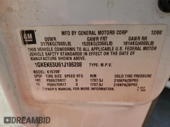 ✅ 2001 GMC Yukon Denali • VIN: 1GKEK63U61J186208 • Lot: 70895394. Listed on Copart with 207,395 mi. Free auction sales archive from the USA and detailed vehicle history report at DreamBid. Image 13.