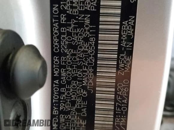 ✅ 2017 Toyota Prius Two • VIN: JTDKBRFU2H3548111 • Lot: 90755535. Listed on Copart with 170,485 mi. Free auction sales archive from the USA and detailed vehicle history report at DreamBid. Image 13.