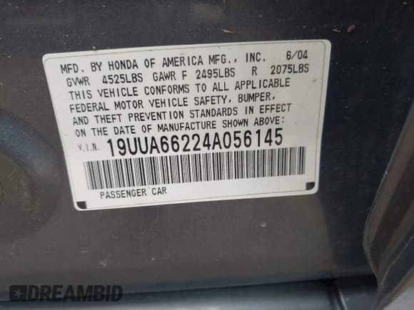 ✅ 2004 Acura TL • VIN: 19UUA66224A056145 • Lot: 42729089. Listed on IAAI with 163,101 mi. Free auction sales archive from the USA and detailed vehicle history report at DreamBid. Image 9.