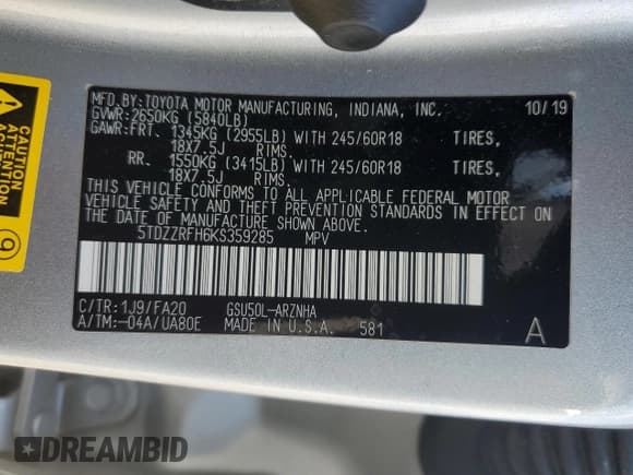 ✅ 2019 Toyota Highlander LE Plus • VIN: 5TDZZRFH6KS359285 • Lot: 81513645. Wystawiony na Copart z przebiegiem 58 007 mil. Bezpłatny archiwum sprzedaży aukcyjnych z USA i szczegółowy raport historii pojazdu na DreamBid. Zdjęcie 12.