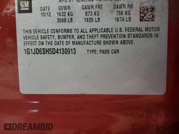 2013 Chevrolet Sonic LT с VIN 1G1JD6SH5D4130913, выставлен на аукционе Copart как лот 83786824 с пробегом 186 881 миль миль и Списание • Salvage title. История ставок и продаж доступна на DreamBid. Изображение 12.