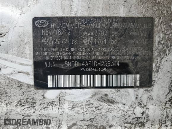 2013 Hyundai Elantra GLS with VIN 5NPDH4AE1DH256314, listed as a Copart auction lot 90115495 with 115,073 mi miles and Salvage title. Bid and sale history available at DreamBid. Image 12.