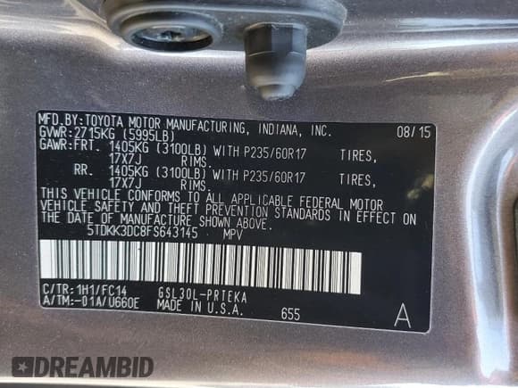 ✅ 2015 Toyota Sienna LE • VIN: 5TDKK3DC8FS643145 • Lot: 87252135. Listed on Copart with 176,574 mi. Free auction sales archive from the USA and detailed vehicle history report at DreamBid. Image 13.