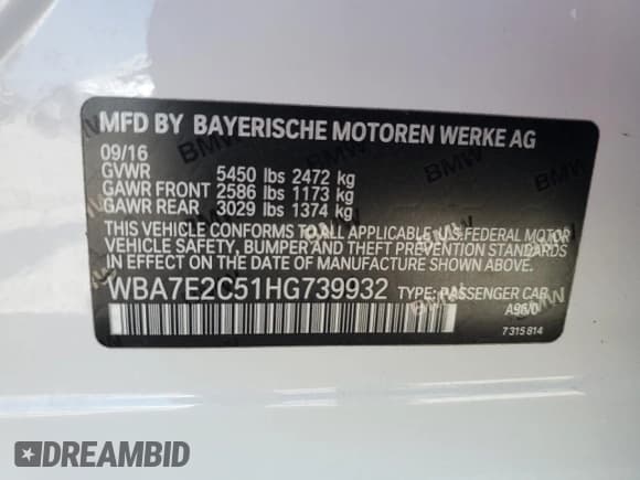 ✅ 2017 BMW 7 Series 740i • VIN: WBA7E2C51HG739932 • Lot: 57101815. Listed on Copart with 58,499 mi. Free auction sales archive from the USA and detailed vehicle history report at DreamBid. Image 12.