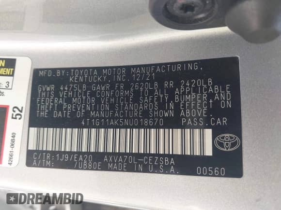 2022 Toyota Camry SE z VIN 4T1G11AK5NU018670, wystawiony jako IAAI lot #43344974 z przebiegiem 122 219 mil mil oraz . Historia ofert i sprzedaży dostępna na DreamBid. Obrazek 9.