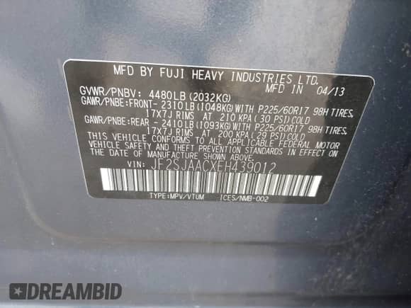 2014 Subaru Forester 2.5i with VIN JF2SJAACXEH439012, listed as a IAAI auction lot 43337376 with 148,553 mi miles and . Bid and sale history available at DreamBid. Image 9.