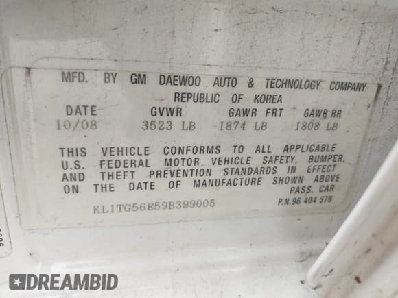 ✅ 2009 Chevrolet Aveo 2LT • VIN: KL1TG56E59B399005 • Lot: 42504125. Listed on IAAI with Not provided. Free auction sales archive from the USA and detailed vehicle history report at DreamBid. Image 9.