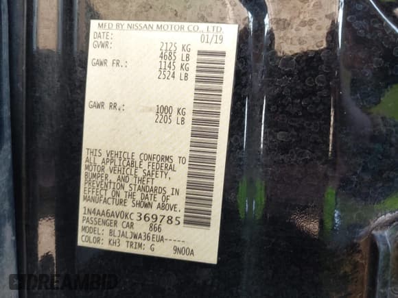 ✅ 2019 Nissan Maxima SV • VIN: 1N4AA6AV0KC369785 • Lot: 43504495. Listed on IAAI with 74,007 mi. Free auction sales archive from the USA and detailed vehicle history report at DreamBid. Image 9.