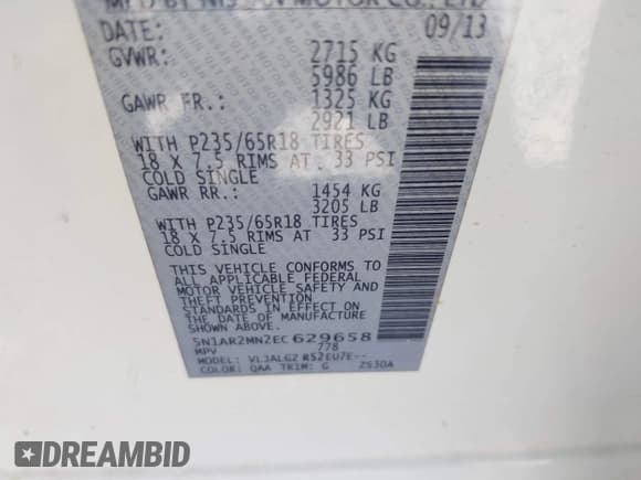 ✅ 2014 Nissan Pathfinder S • VIN: 5N1AR2MN2EC629658 • Lot: 42343130. Listed on IAAI with 189,802 mi. Free auction sales archive from the USA and detailed vehicle history report at DreamBid. Image 9.