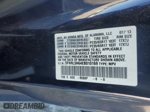 ✅ 2014 Honda Odyssey EX-L • VIN: 5FNRL5H64EB010169 • Лот: 91294355. Опубликован ранее на Copart с пробегом 170 508 миль. Бесплатный доступ к архиву аукционных продаж из США и подробный отчёт об истории автомобиля на DreamBid. Изображение 13.