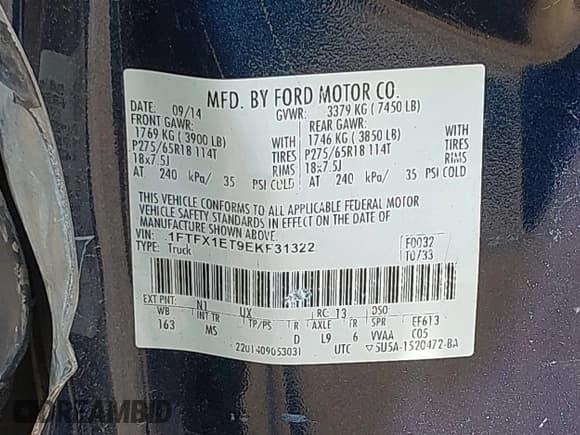 ✅ 2014 Ford F-150 XL • VIN: 1FTFX1ET9EKF31322 • Lot: 42146775. Listed on IAAI with 204,641 mi. Free auction sales archive from the USA and detailed vehicle history report at DreamBid. Image 9.